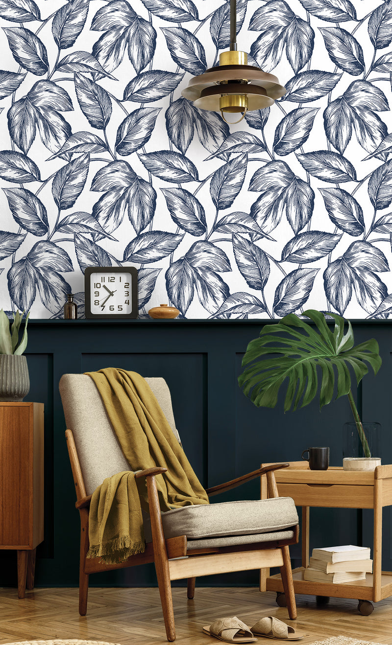 media image for Sketched Leaves Peel-and-Stick Wallpaper in Navy Blue 295