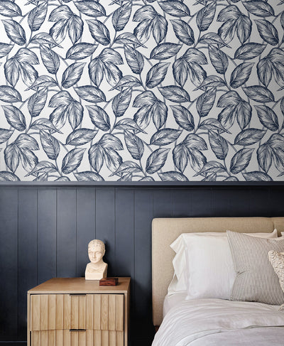 product image for Sketched Leaves Peel-and-Stick Wallpaper in Navy Blue 65