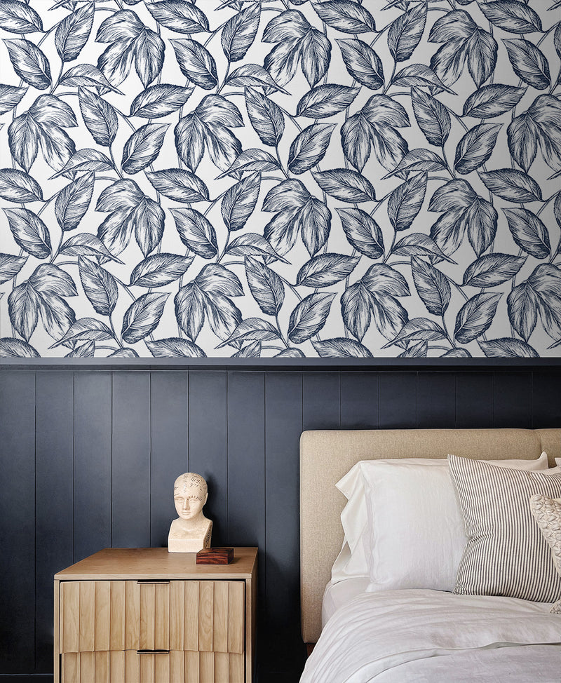 media image for Sketched Leaves Peel-and-Stick Wallpaper in Navy Blue 211