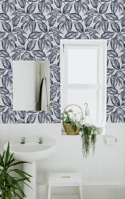 product image for Sketched Leaves Peel-and-Stick Wallpaper in Navy Blue 62