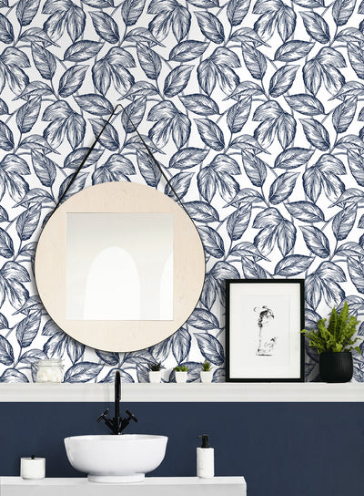 product image for Sketched Leaves Peel-and-Stick Wallpaper in Navy Blue 72