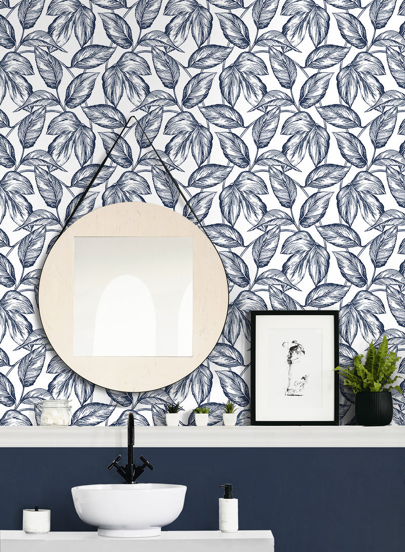 media image for Sketched Leaves Peel-and-Stick Wallpaper in Navy Blue 275