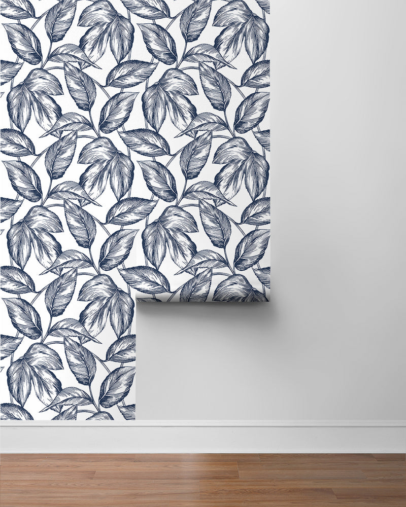 media image for Sketched Leaves Peel-and-Stick Wallpaper in Navy Blue 247