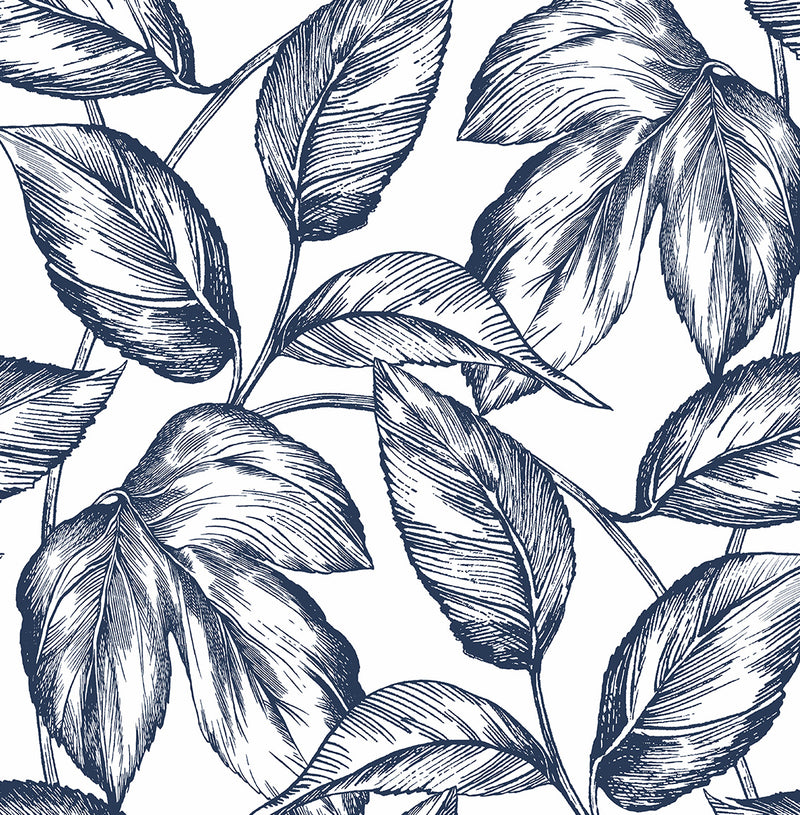 media image for Sketched Leaves Peel-and-Stick Wallpaper in Navy Blue 270