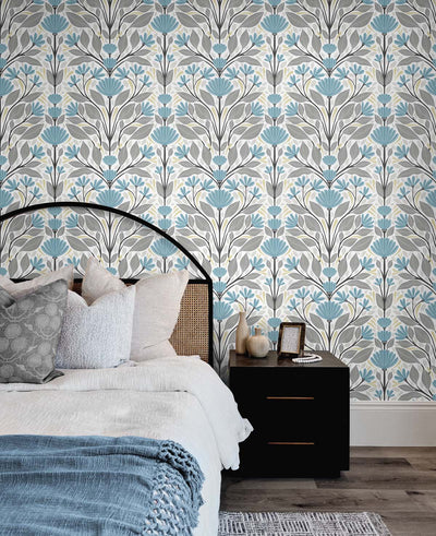 product image for Folk Floral Peel-and-Stick Wallpaper in Blue Patina & Wheat 43