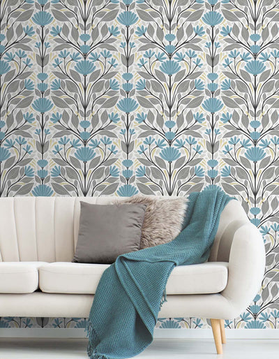 product image for Folk Floral Peel-and-Stick Wallpaper in Blue Patina & Wheat 39