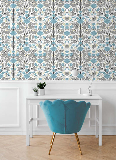 product image for Folk Floral Peel-and-Stick Wallpaper in Blue Patina & Wheat 27