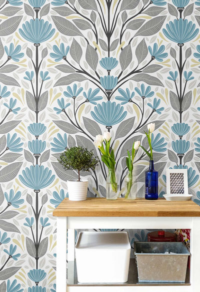 product image for Folk Floral Peel-and-Stick Wallpaper in Blue Patina & Wheat 82