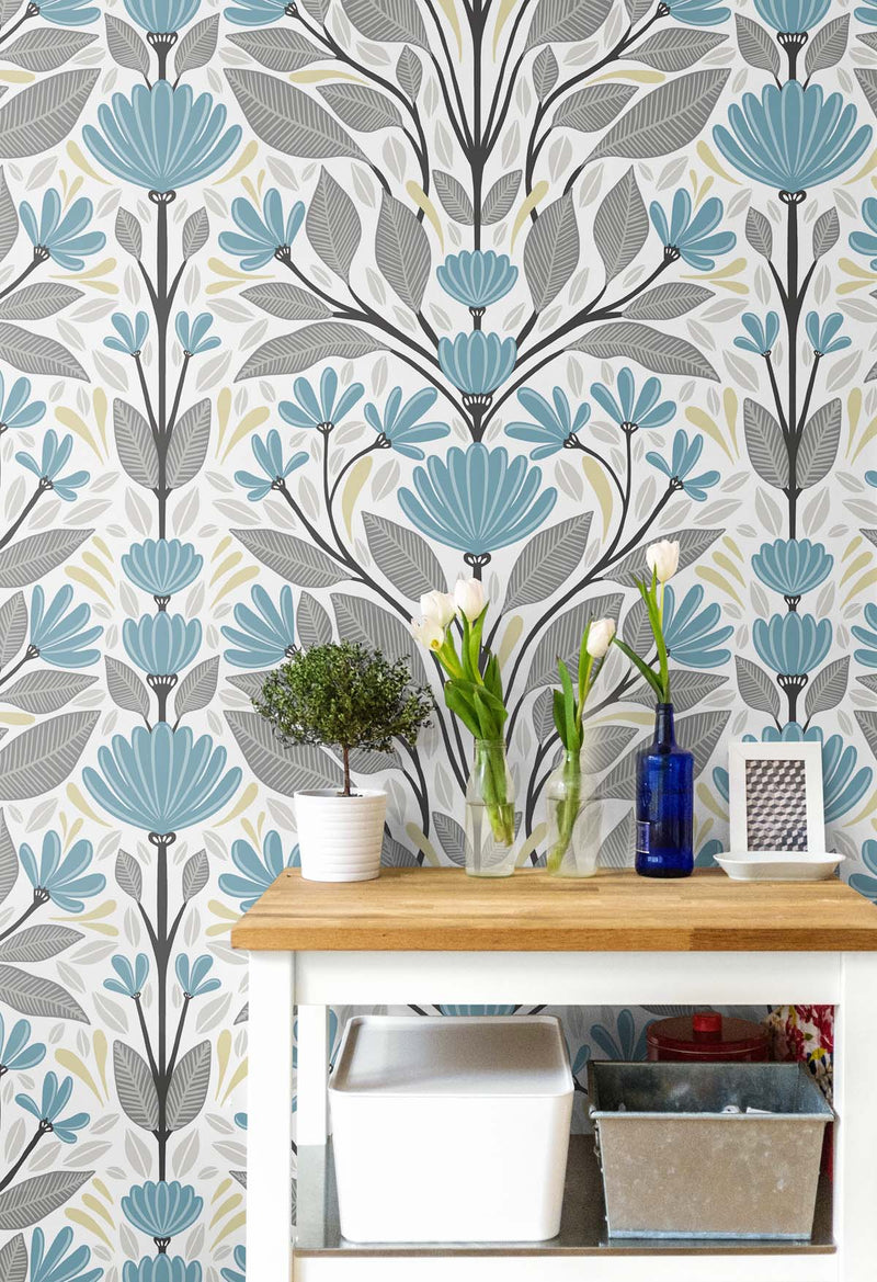 media image for Folk Floral Peel-and-Stick Wallpaper in Blue Patina & Wheat 216