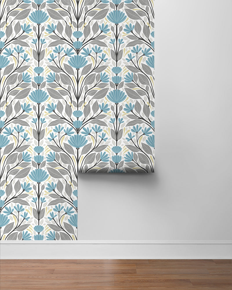 media image for Folk Floral Peel-and-Stick Wallpaper in Blue Patina & Wheat 294