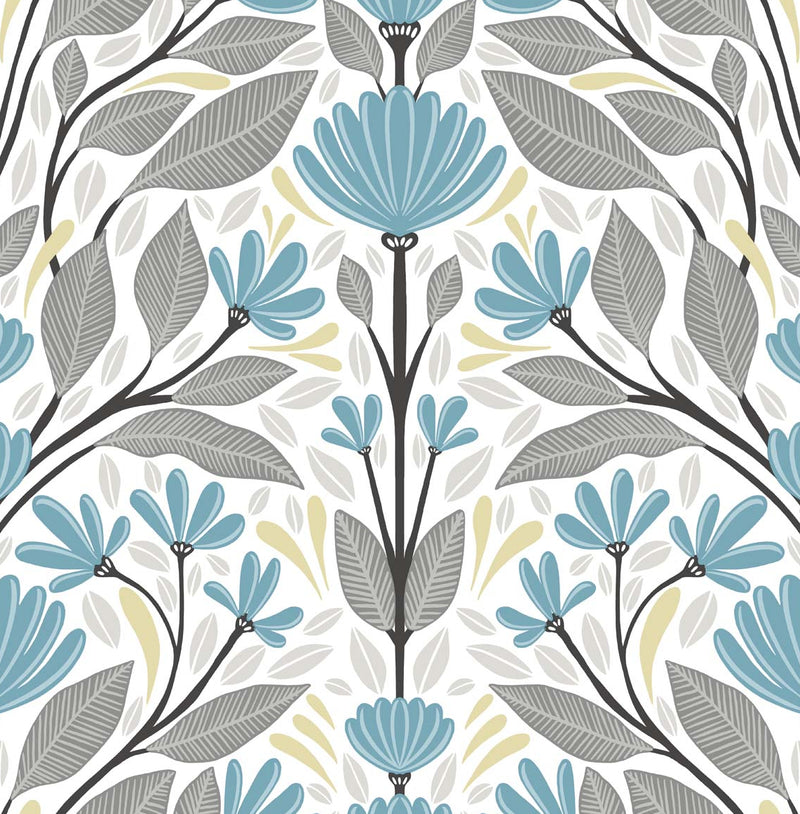 media image for Folk Floral Peel-and-Stick Wallpaper in Blue Patina & Wheat 28