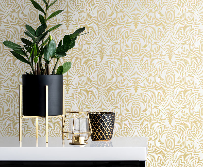 media image for Peacock Leaves Peel-and-Stick Wallpaper in Metallic Gold 212