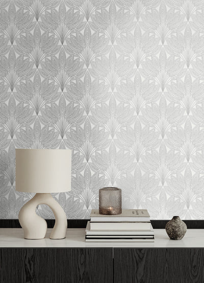 product image for Peacock Leaves Peel-and-Stick Wallpaper in Metallic Silver 60