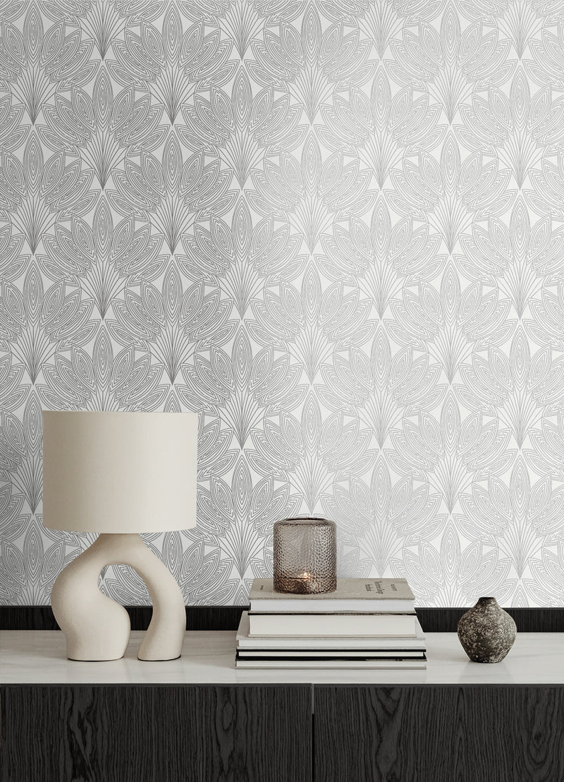 media image for Peacock Leaves Peel-and-Stick Wallpaper in Metallic Silver 268