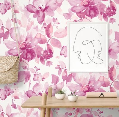 product image for Watercolor Flower Peel & Stick Wallpaper in Pink 74