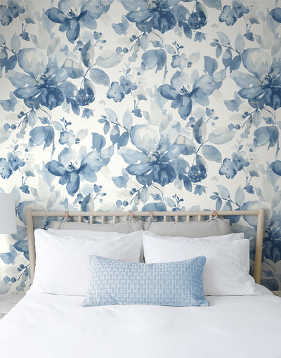 product image for Watercolor Flower Peel-and-Stick Wallpaper in Bluestone 0