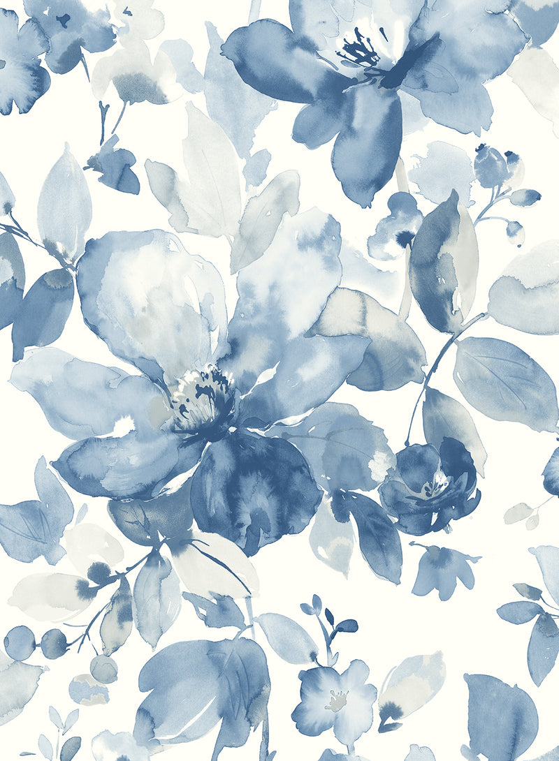 media image for Watercolor Flower Peel-and-Stick Wallpaper in Bluestone 249