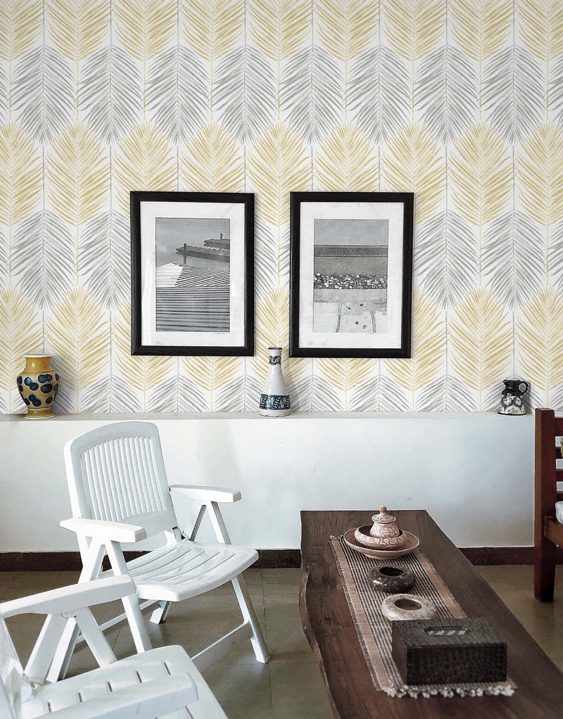 media image for Two Toned Palm Peel-and-Stick Wallpaper in Wheat & Daydream Grey 256