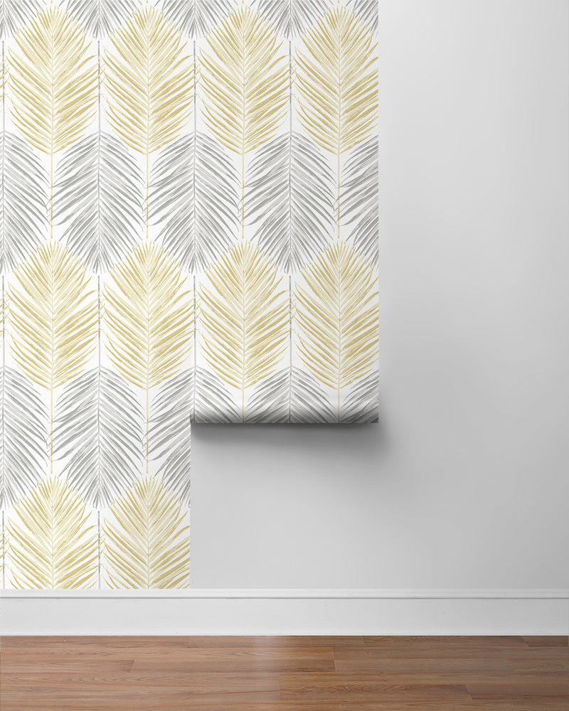 media image for Two Toned Palm Peel-and-Stick Wallpaper in Wheat & Daydream Grey 223