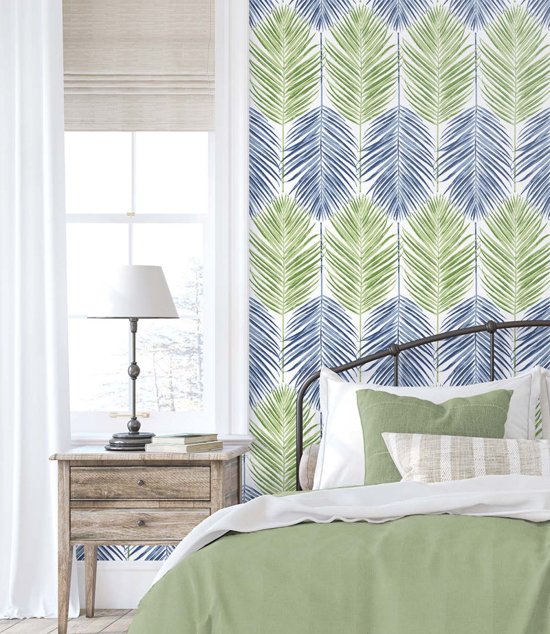 media image for Two Toned Palm Peel-and-Stick Wallpaper in Coastal Blue & Fern Green 271