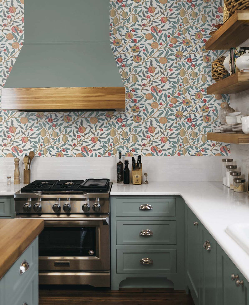 media image for Pomegranate Peel-and-Stick Wallpaper in Moonstone Blue & Light Ochre 20