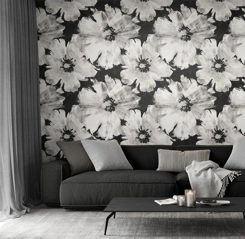 media image for Graphic Floral Peel-and-Stick Wallpaper in Ebony & Champagne 280