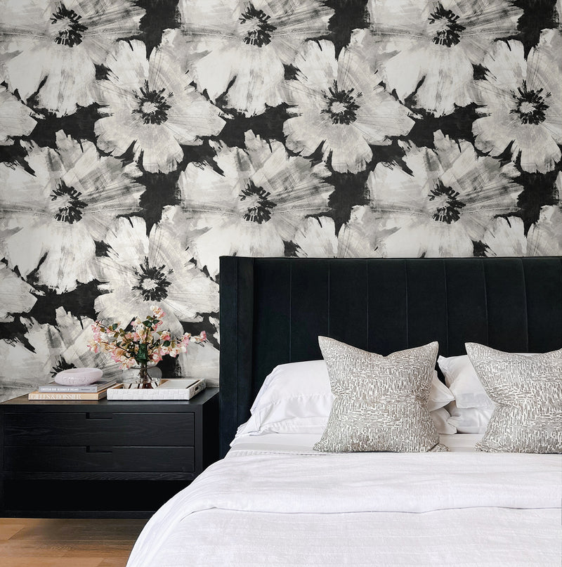 media image for Graphic Floral Peel-and-Stick Wallpaper in Ebony & Champagne 285