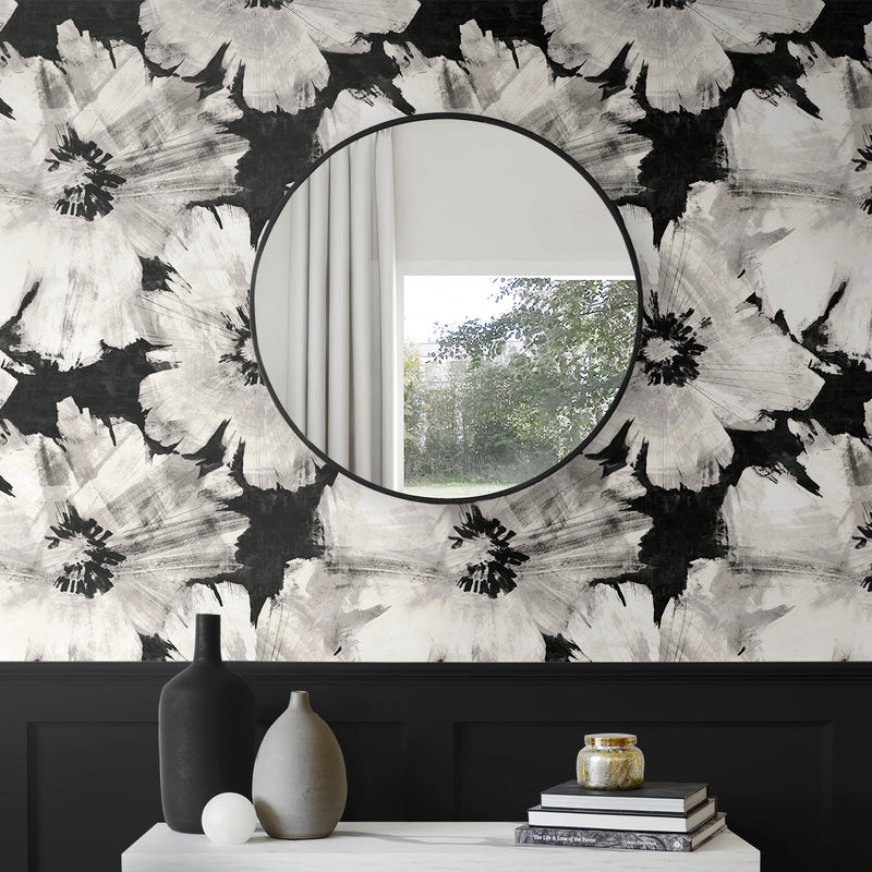 media image for Graphic Floral Peel-and-Stick Wallpaper in Ebony & Champagne 244