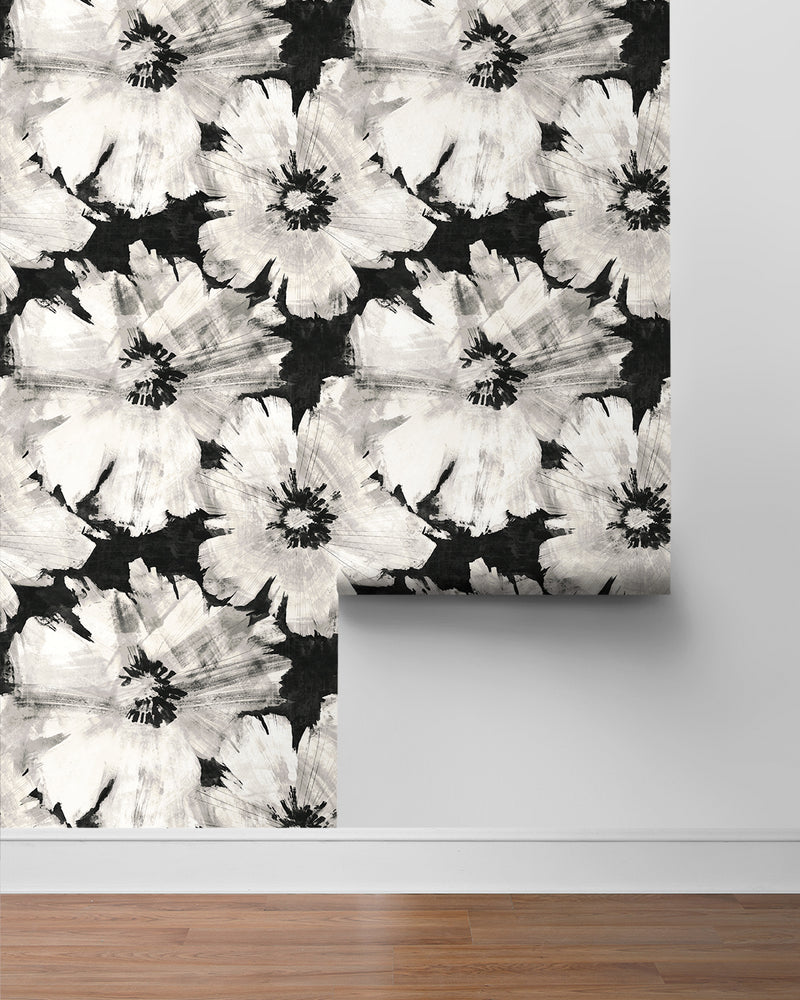 media image for Graphic Floral Peel-and-Stick Wallpaper in Ebony & Champagne 215