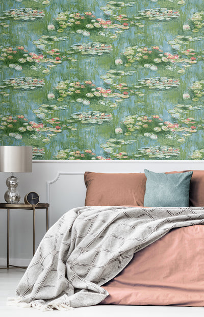 product image for Lily Pond Peel-and-Stick Wallpaper in Olive & Sky Blue 62