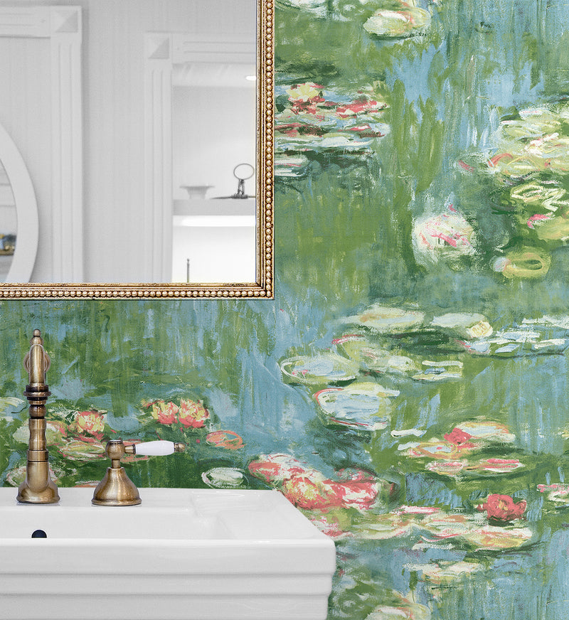 media image for Lily Pond Peel-and-Stick Wallpaper in Olive & Sky Blue 243