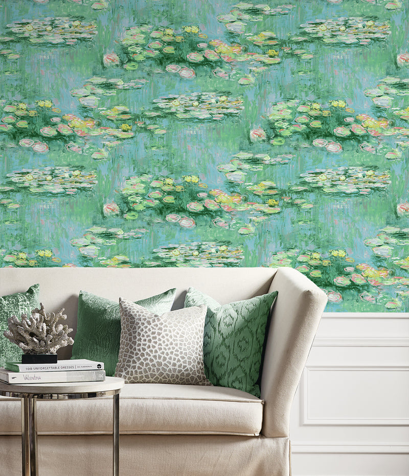 media image for Lily Pond Peel-and-Stick Wallpaper in Hunter Green & Lakeside 213