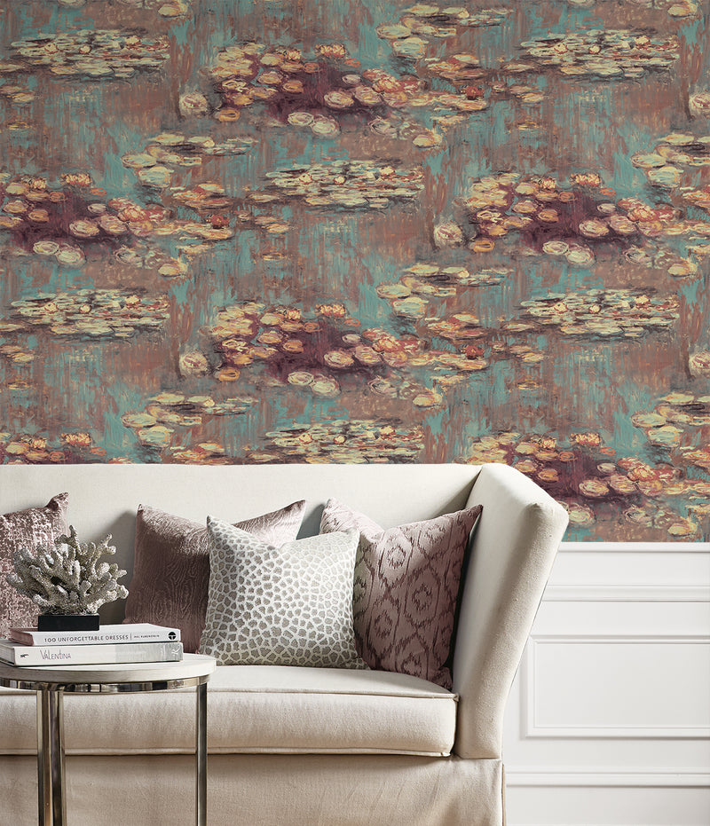 media image for Lily Pond Peel-and-Stick Wallpaper in Rust & Deep Sea 240