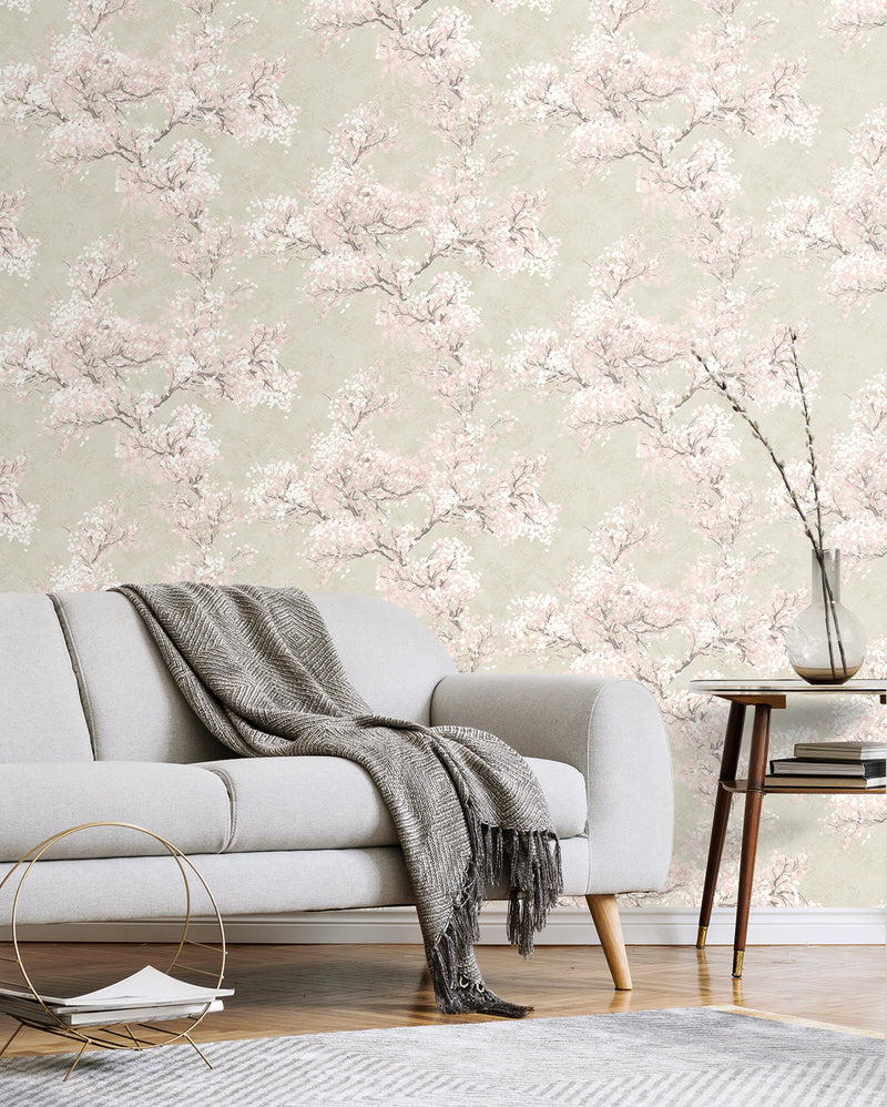 media image for Cherry Blossom Grove Peel-and-Stick Wallpaper in Parchment & Rose 267