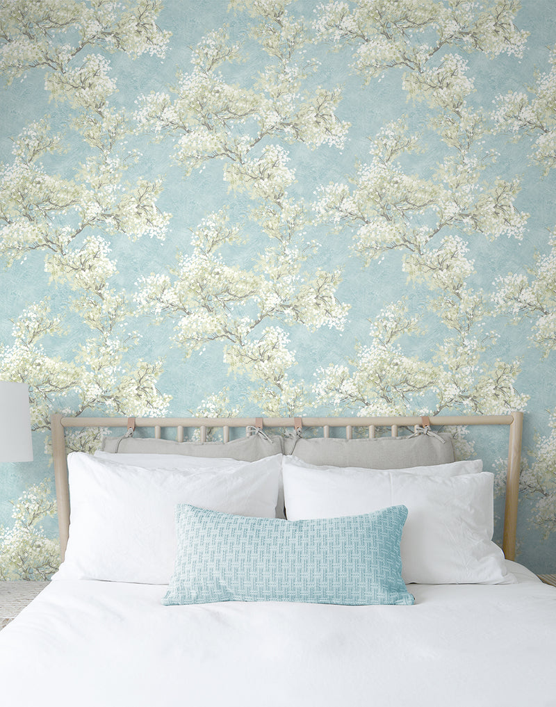 media image for Cherry Blossom Grove Peel-and-Stick Wallpaper in Blue Mist & Green Tea 235