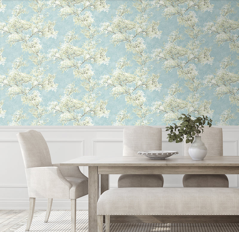 media image for Cherry Blossom Grove Peel-and-Stick Wallpaper in Blue Mist & Green Tea 283