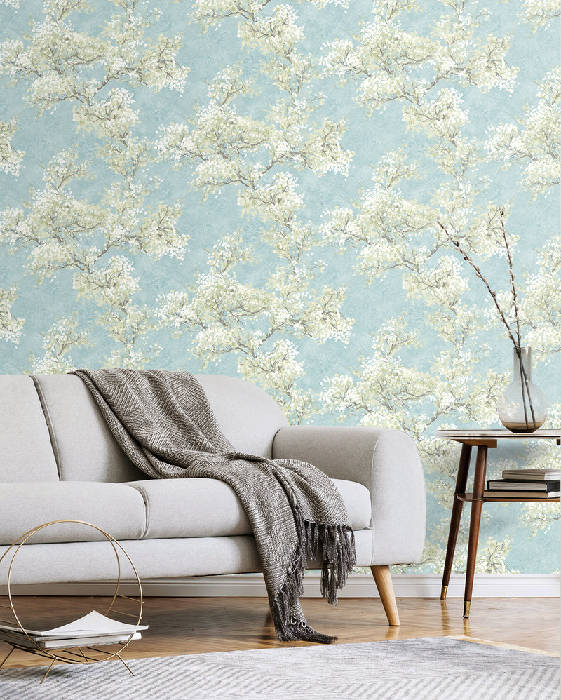 media image for Cherry Blossom Grove Peel-and-Stick Wallpaper in Blue Mist & Green Tea 213