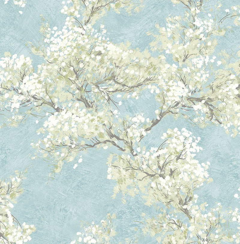 media image for Cherry Blossom Grove Peel-and-Stick Wallpaper in Blue Mist & Green Tea 231