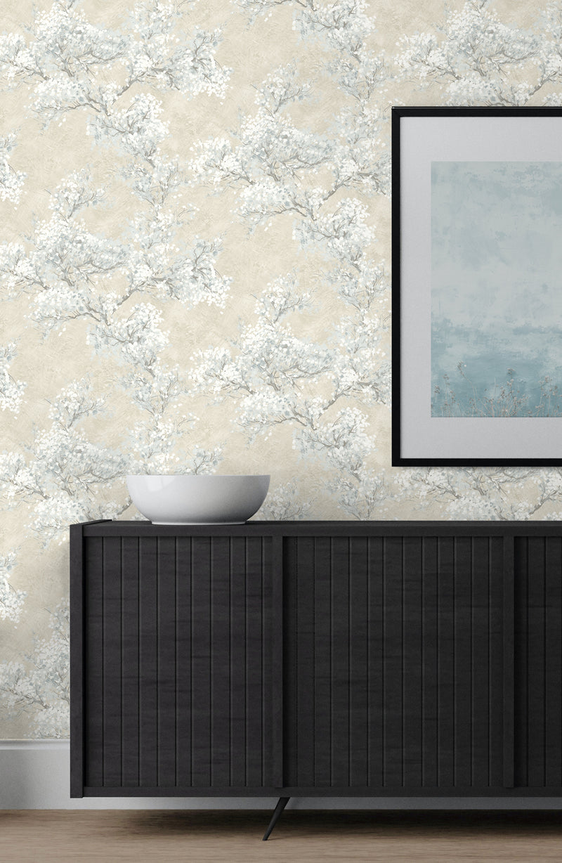 media image for Cherry Blossom Grove Peel-and-Stick Wallpaper in Parchment & Morning Fog 21