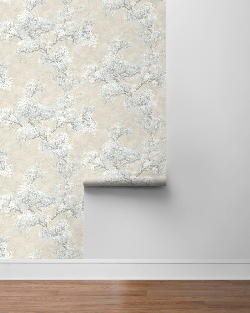 media image for Cherry Blossom Grove Peel-and-Stick Wallpaper in Parchment & Morning Fog 281