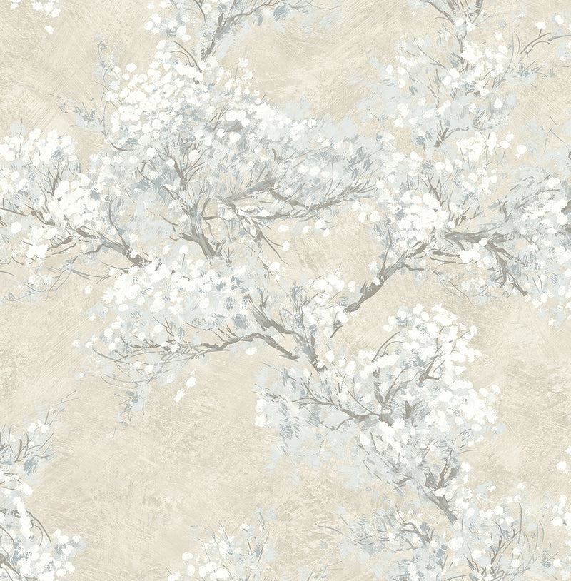 media image for Cherry Blossom Grove Peel-and-Stick Wallpaper in Parchment & Morning Fog 293