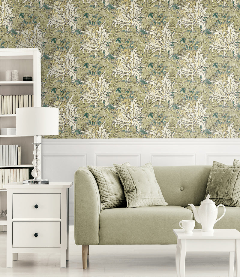 media image for Floral Folly Peel & Stick Wallpaper in Juniper & Parchment 291