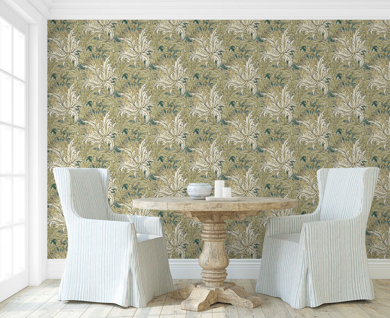 media image for Floral Folly Peel & Stick Wallpaper in Juniper & Parchment 285