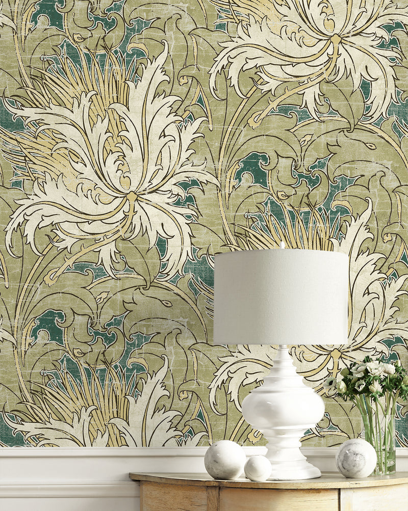 media image for Floral Folly Peel & Stick Wallpaper in Juniper & Parchment 287