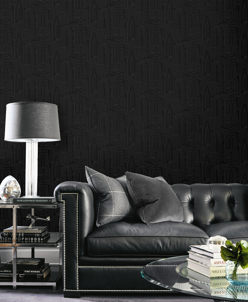 media image for City Skyline Peel & Stick Wallpaper in Cosmic Black 255