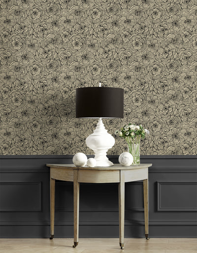 product image for Ellie Graphic Floral Peel & Stick Wallpaper in Gold Shimmer & Ebony 19