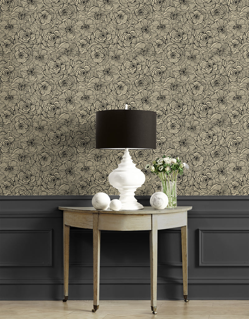 media image for Ellie Graphic Floral Peel & Stick Wallpaper in Gold Shimmer & Ebony 229