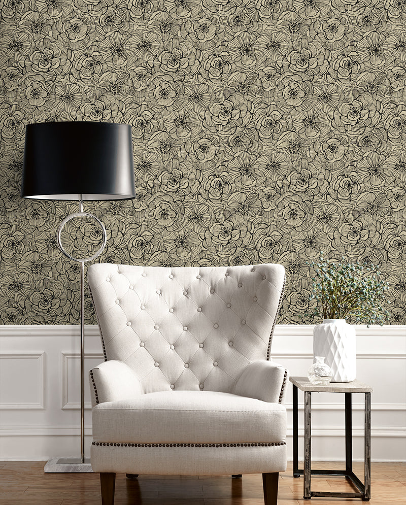 media image for Ellie Graphic Floral Peel & Stick Wallpaper in Gold Shimmer & Ebony 251