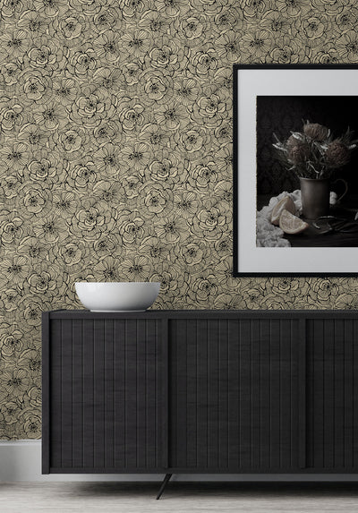 product image for Ellie Graphic Floral Peel & Stick Wallpaper in Gold Shimmer & Ebony 18