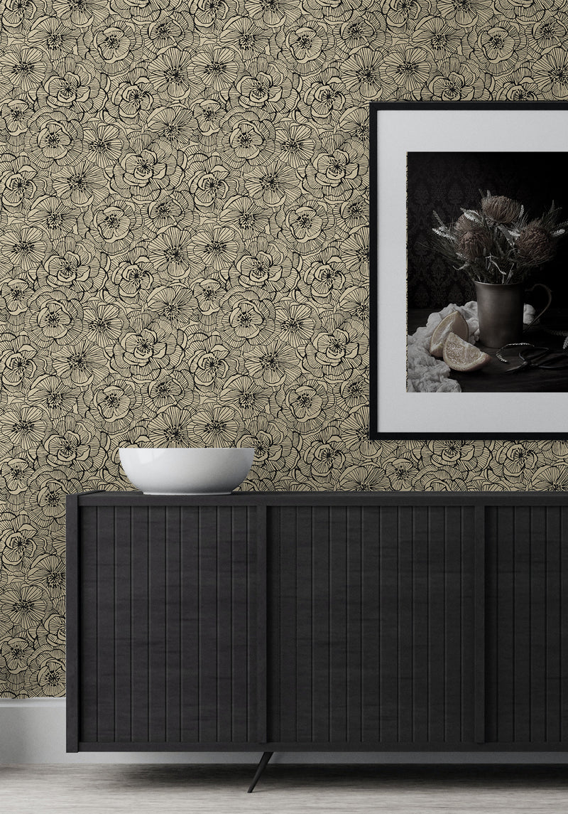 media image for Ellie Graphic Floral Peel & Stick Wallpaper in Gold Shimmer & Ebony 271